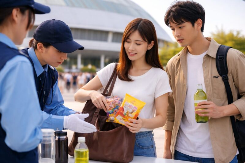 バンテリンドーム入場ゲートで警備員と会話する日本人来場者