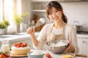 生クリームを泡立てながらお菓子作りをする日本人女性の様子